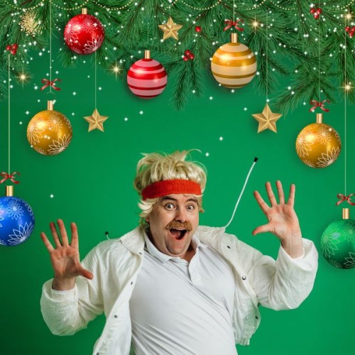 Comedian Tom Sainsbury in a Christmas outfit