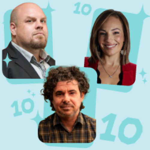 Image of the Gone By Lunchtime Crew Smiling, with a blue sparkly background