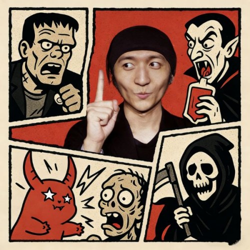 a background of monster cartoons in black, grey  and red, with a photo of Wang zi with his finger up in the air. 