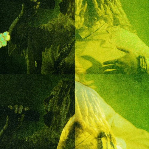An image of a dancers torso turned to one side, half highlighted in a green hue, half highlighted in  a black hue 