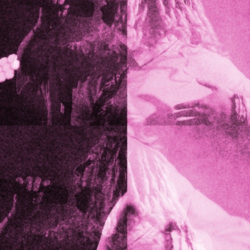 A dancer side on, with one side in a pink hue and the other in black