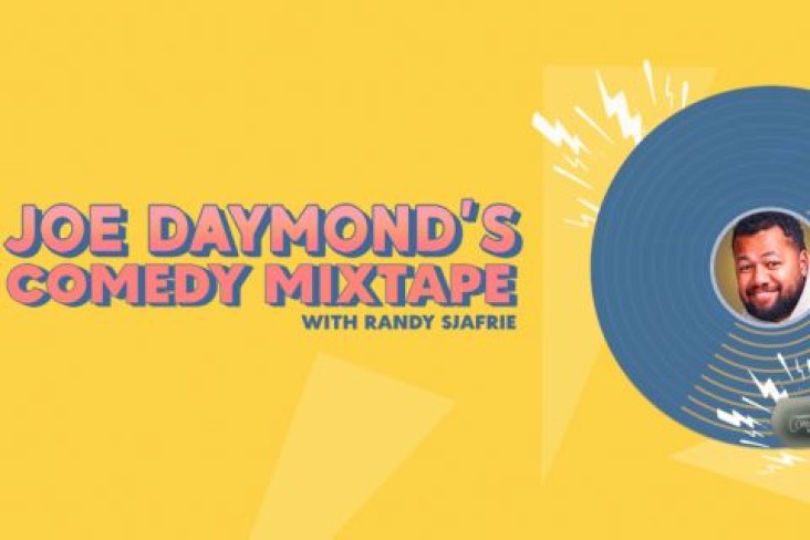 A yellow banner with peach text with reads JOE DAYMOND'S COMEDY MIXTAPE, with Randy Sjafrie. There is then a record image spinning, with a mans face smiling out from the middle