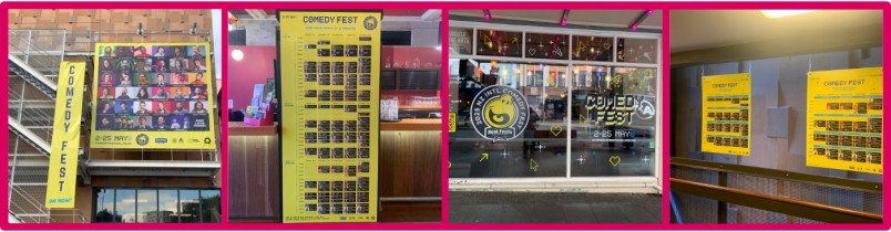 Various comedy festival signage at Q Theatre