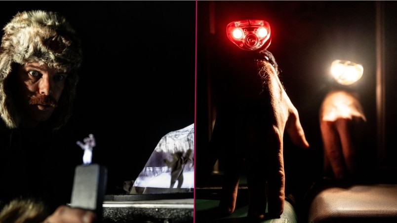Images of Suitcase Show being performed, with lights and projections