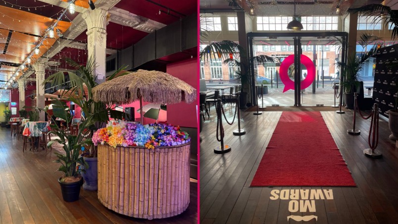 An image of tropical themed decor and a second image of a red carpet by the Q Theatre entrance for the Movember Awards