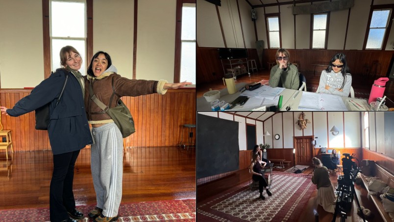 A grid of three behind the scenes photos from the Big Time rehearals
