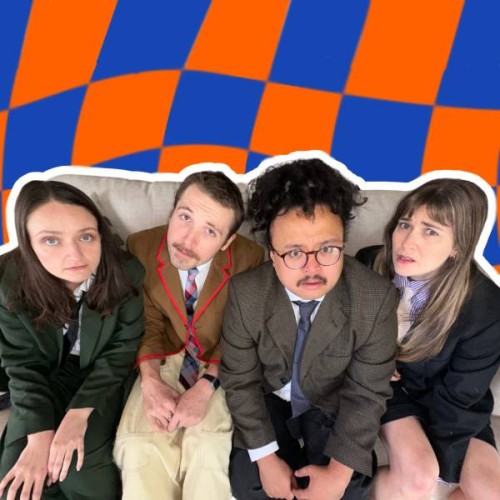 An image of Cathy, Vinnie, Bailey, Brynley in suits sitting on a couch looking up at the camera, a cartoon checkered background - orange and blue