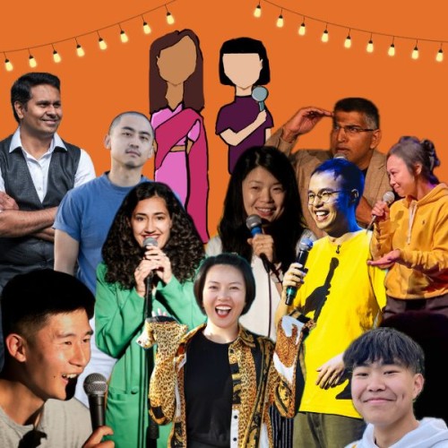 Several photos of comedians superimposed over an orange background