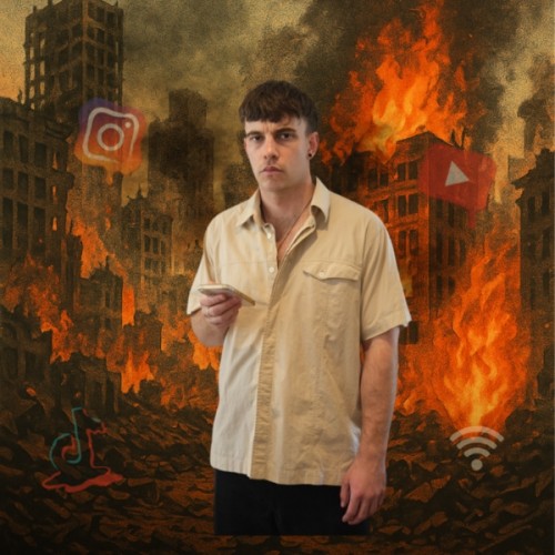 Sean Collier stands looking annoyed holding his phone in his hand in front of a digital image of a burning cityscape. An instagram and youtube logo float in the flames