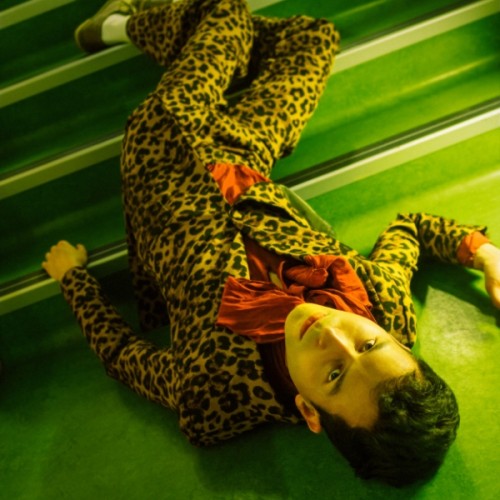 An image of James lying on his back looking up at the camera with a severe expression. He wears a leopard print suit and a red cravate