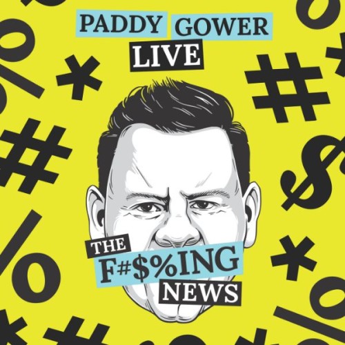 A yellow background with mathematical symbols  behind a cartoon face of Paddy Gower - text reads Paddy Gower Live, The F**king News