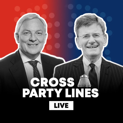 An image of Phil Goff agaisnt a red background, and Chrris Finlayson agaisnt a blue background with white text in the middle that reads Cross Party Lines LIVE
