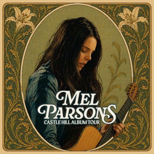 Drawn folk style image of Mel Parsons and guitar surrounding by lillies. 