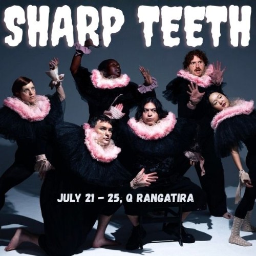 An image of the cast members of sharp teeth in full black leotards and pink ruffs with sad clown esque makeup in white and black on their faces. They stand at odd angles. Text reads Sharp teeth , Q Theatre 21 - 25 July