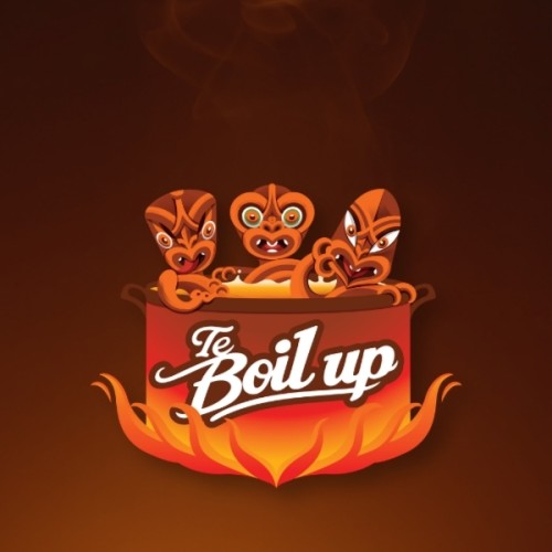 Three illustrated figures sit in a pot over a fire. The side of the pot reads: Te Boil Up