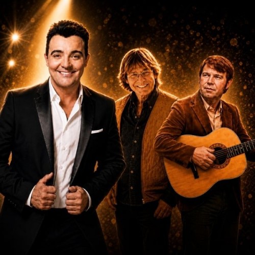 An image of Jason Owen in a black suit beside a sepia image of John Denver and Glen Campbell agaisnt a black background