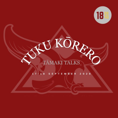 TUKU KŌRERO | Tāmaki Talks In the background of the image is a logo of a stylised bird motif.