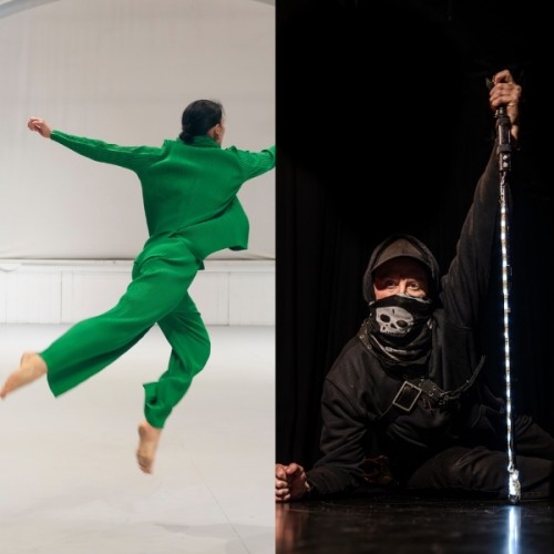 Split photo. On the left a dancer in a green suit leaps to the air in a white studio. On the right a dancer in a black hoodie with a black mask covering the lower part of his face. 